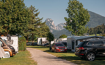 Wohnwagen mit Autos auf dem Campingplatz Paradiescamping Wolfgangsee